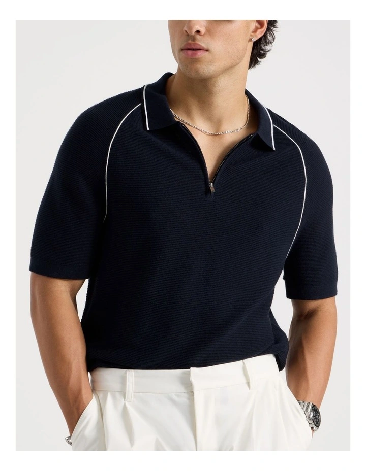 Seam Detail Zip Polo in Navy image 7