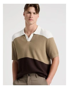 Textured Colourblock Knit Polo in Sand