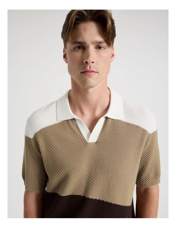 Textured Colourblock Knit Polo in Sand image 3