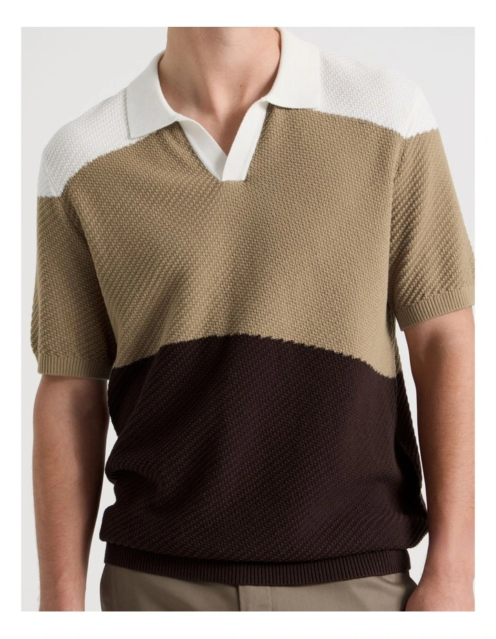 Textured Colourblock Knit Polo in Sand image 4
