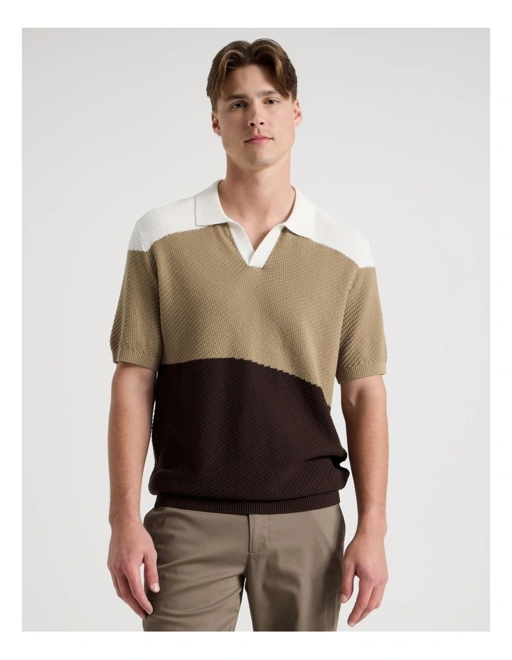 Textured Colourblock Knit Polo in Sand image 5