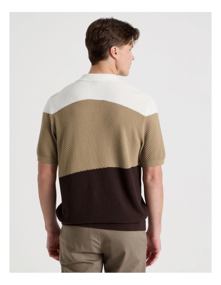Textured Colourblock Knit Polo in Sand image 6