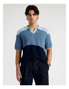 Textured Colourblock Knit Polo in Blue