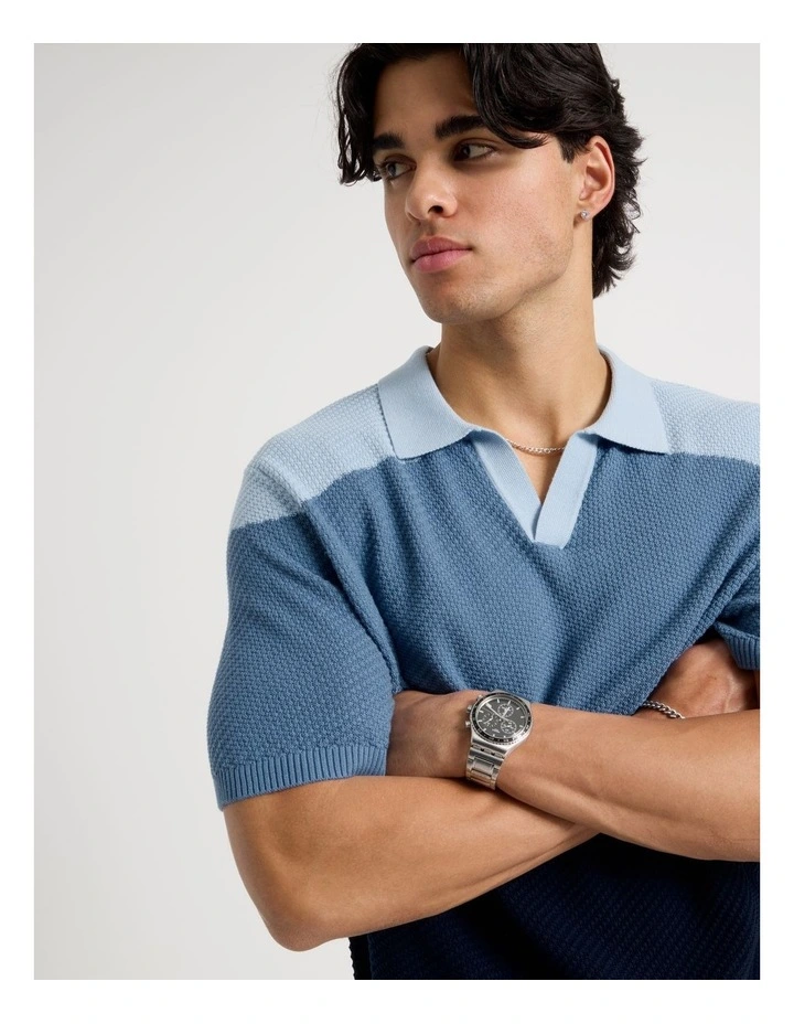Textured Colourblock Knit Polo in Blue image 2