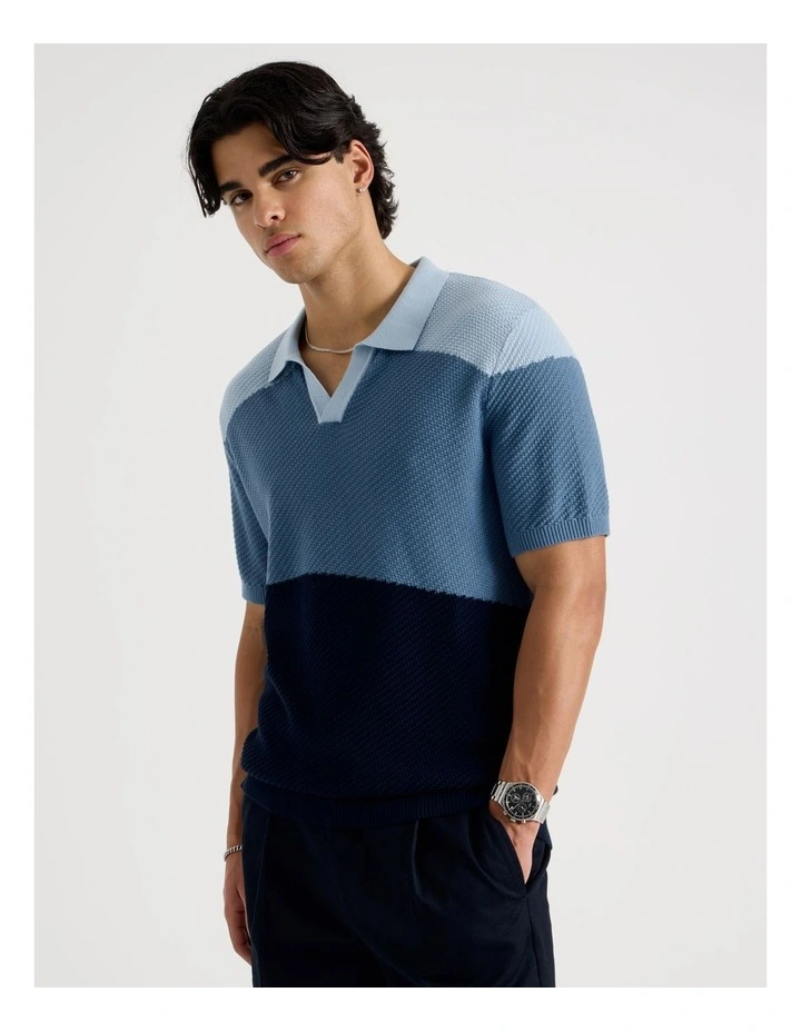 Textured Colourblock Knit Polo in Blue image 3