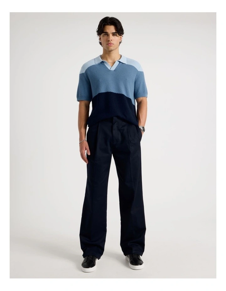 Textured Colourblock Knit Polo in Blue image 4