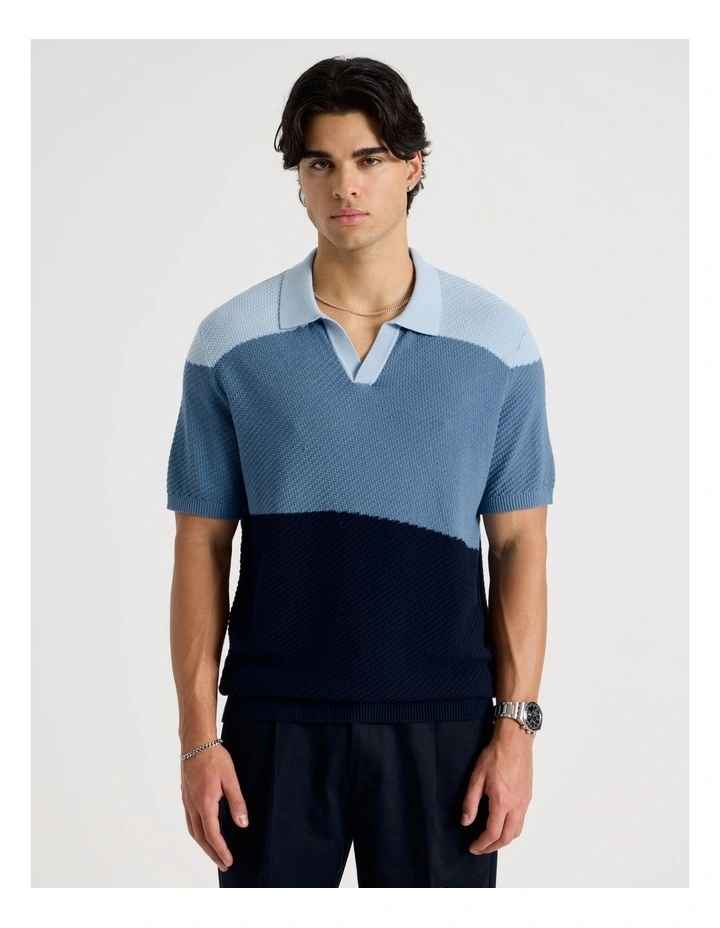 Textured Colourblock Knit Polo in Blue image 5