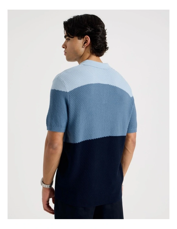 Textured Colourblock Knit Polo in Blue image 6