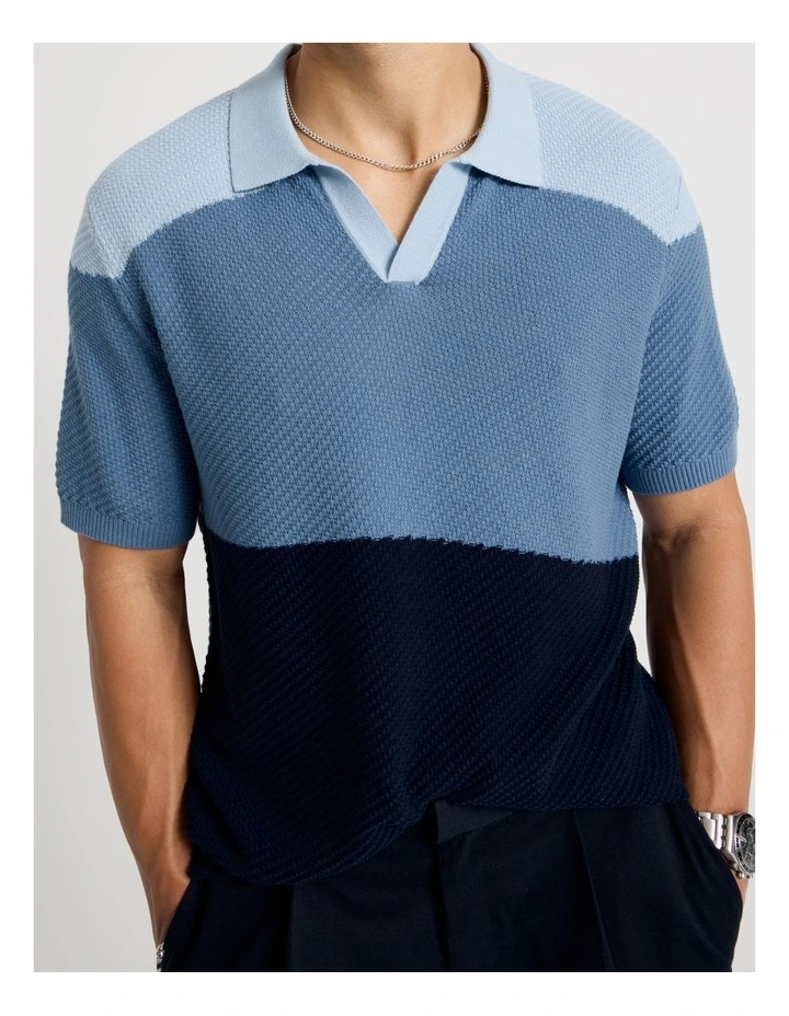 Textured Colourblock Knit Polo in Blue image 7
