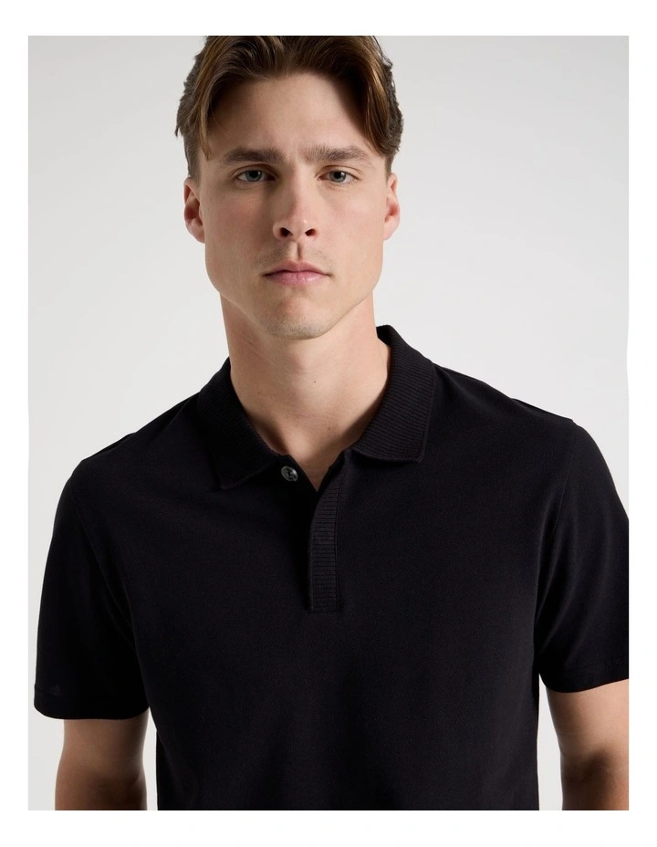 Rib Knit Collar Short Sleeve Polo in Black image 3