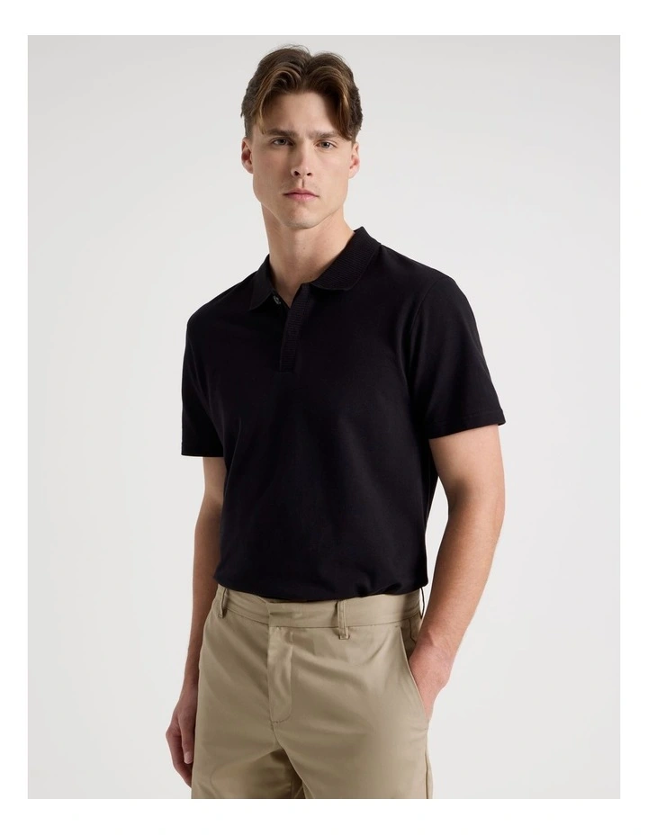 Rib Knit Collar Short Sleeve Polo in Black image 4