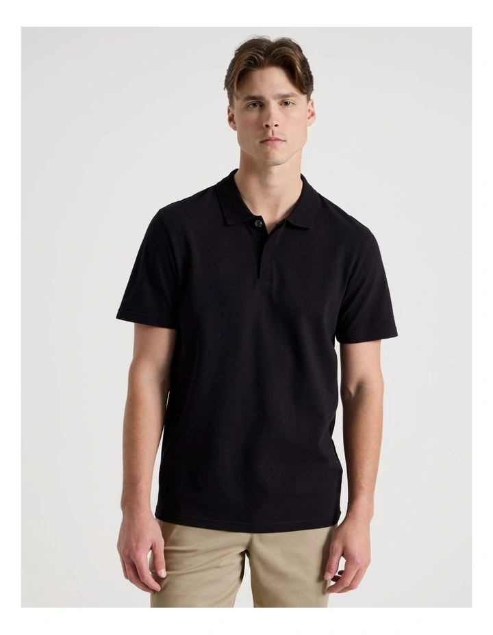 Rib Knit Collar Short Sleeve Polo in Black image 5