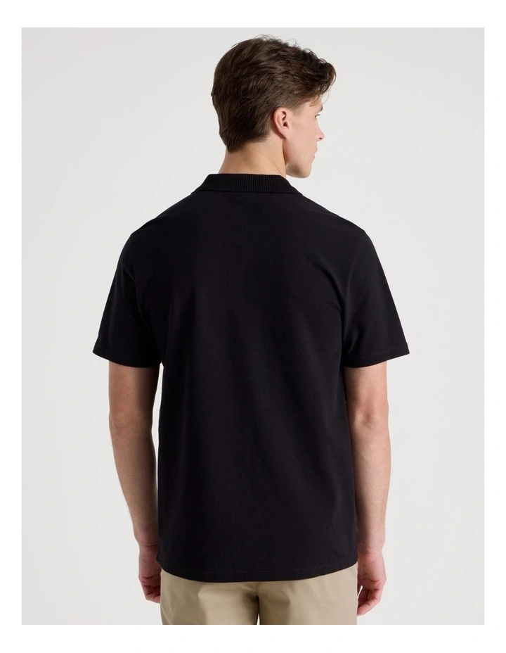 Rib Knit Collar Short Sleeve Polo in Black image 6