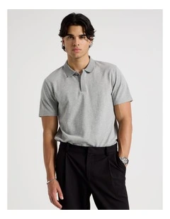 Rib Knit Collar Short Sleeve Polo in Light Grey