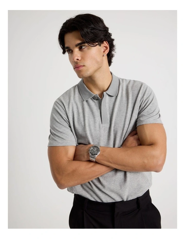 Rib Knit Collar Short Sleeve Polo in Light Grey image 3