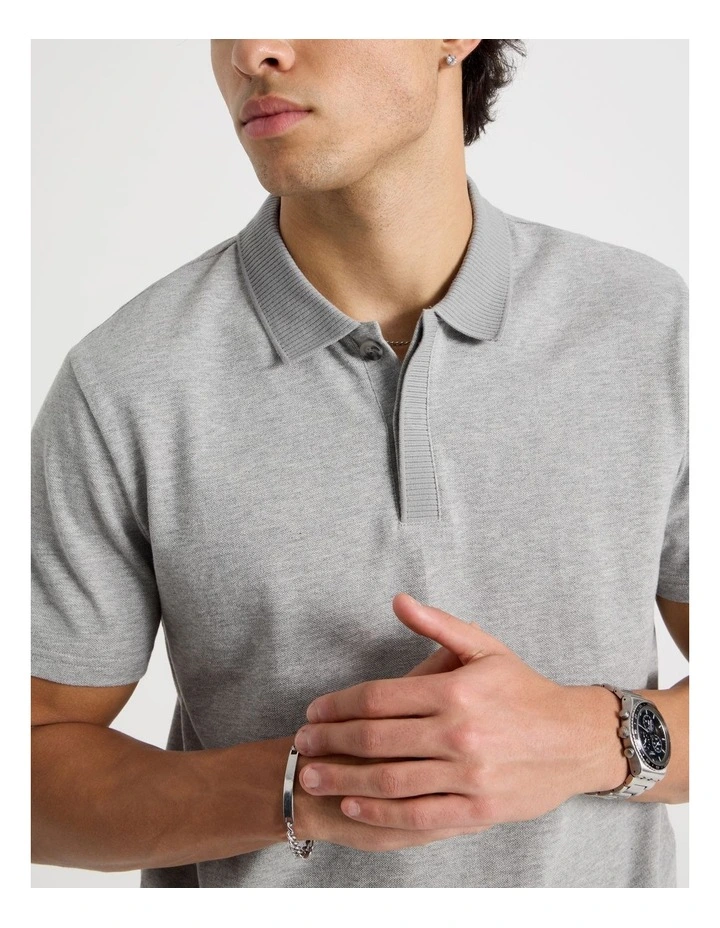 Rib Knit Collar Short Sleeve Polo in Light Grey image 4