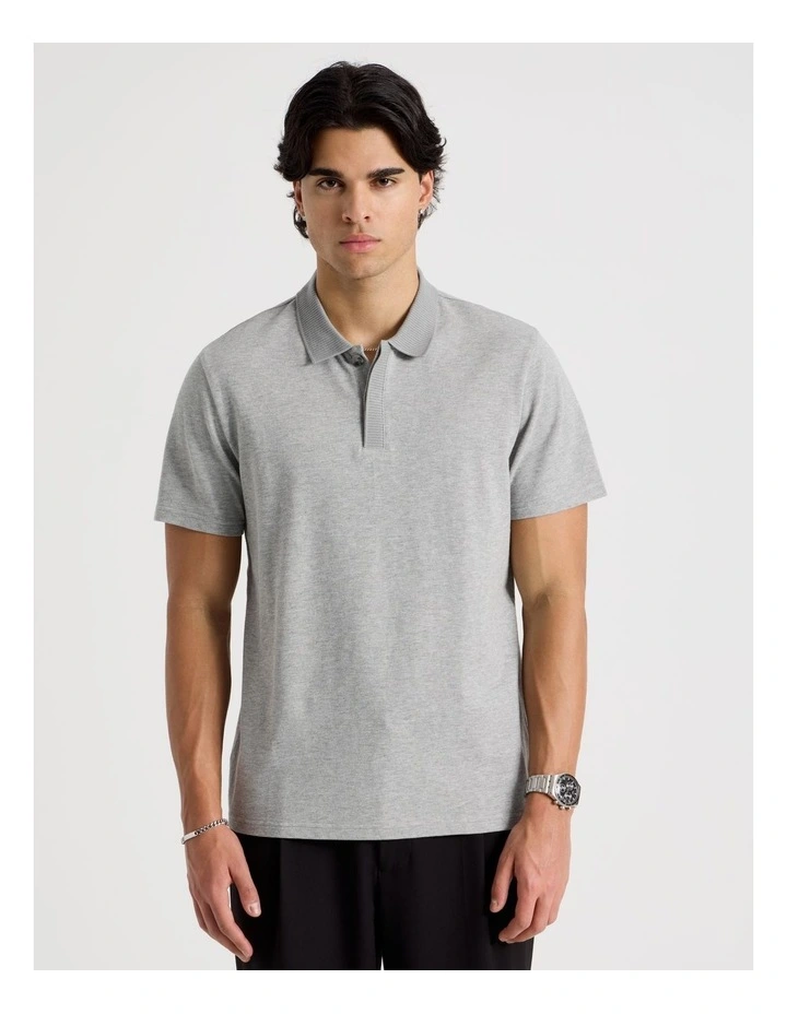 Rib Knit Collar Short Sleeve Polo in Light Grey image 5