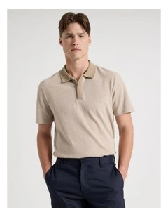 Rib Knit Collar Short Sleeve Polo in Sand