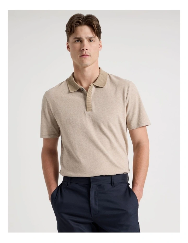 Rib Knit Collar Short Sleeve Polo in Sand image 1
