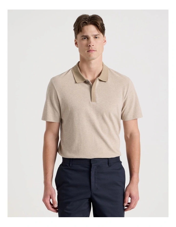 Rib Knit Collar Short Sleeve Polo in Sand image 3