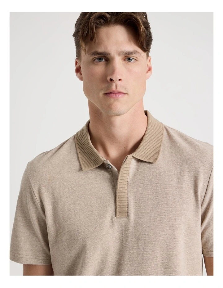 Rib Knit Collar Short Sleeve Polo in Sand image 4