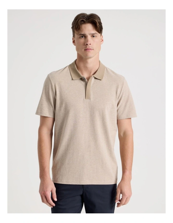 Rib Knit Collar Short Sleeve Polo in Sand image 5