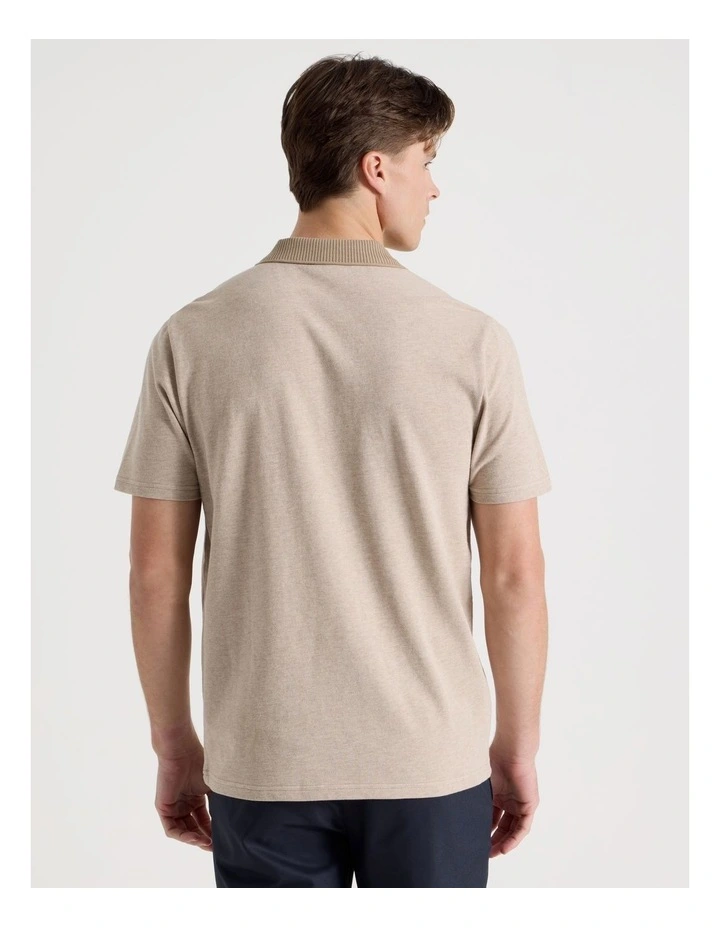 Rib Knit Collar Short Sleeve Polo in Sand image 6