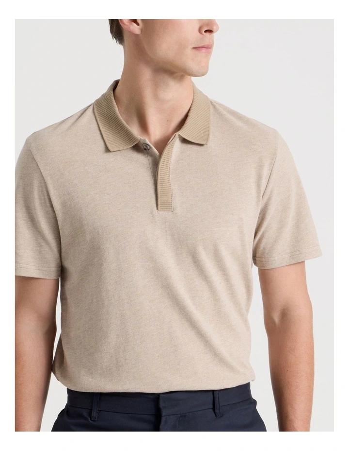 Rib Knit Collar Short Sleeve Polo in Sand image 7
