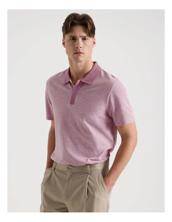 Rib Knit Collar Short Sleeve Polo in Pink image 1