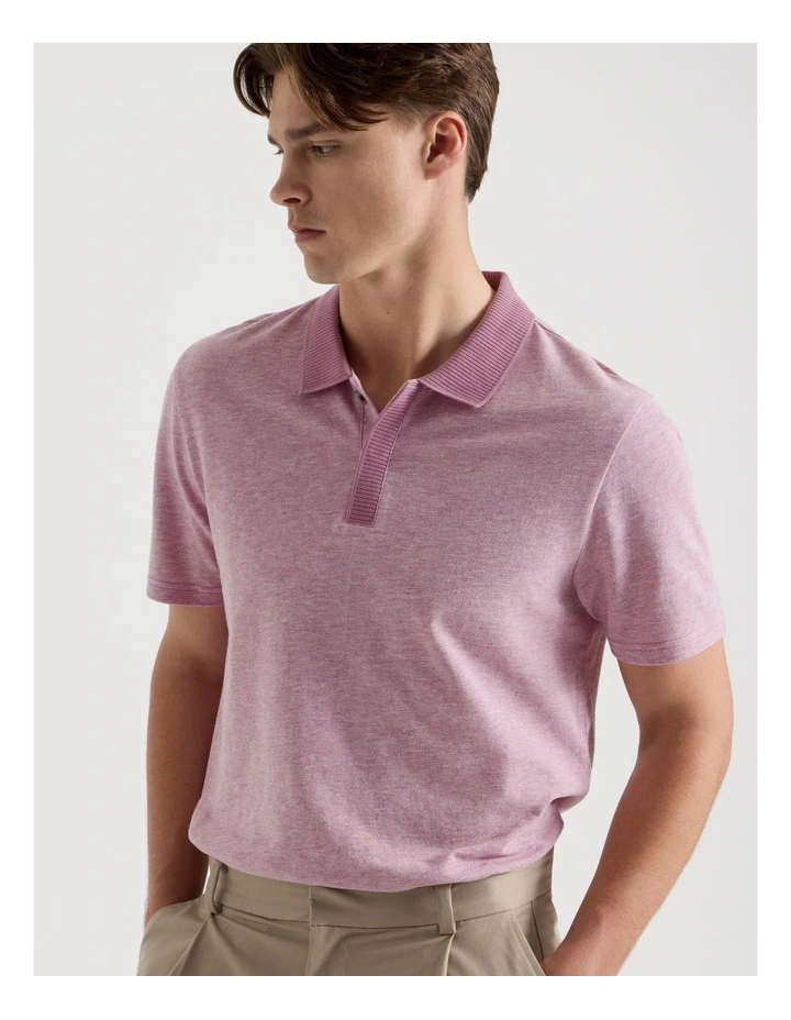 Rib Knit Collar Short Sleeve Polo in Pink image 2