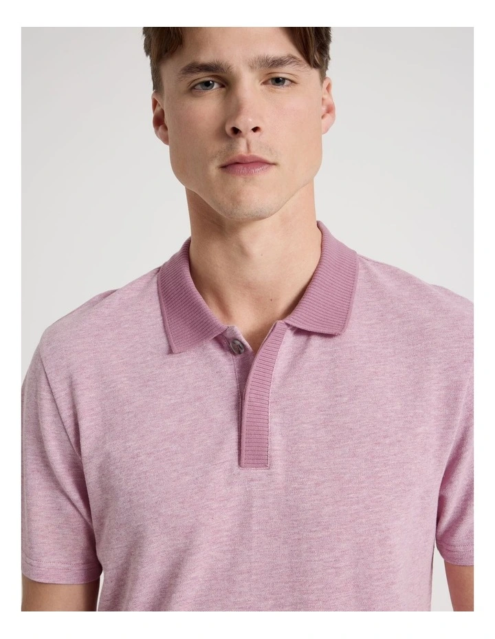 Rib Knit Collar Short Sleeve Polo in Pink image 3