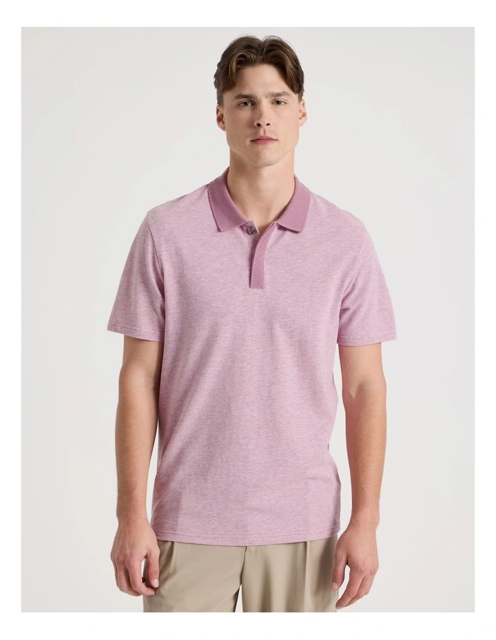 Rib Knit Collar Short Sleeve Polo in Pink image 5