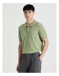 Windowpane Knit Short Sleeve Polo in Sage