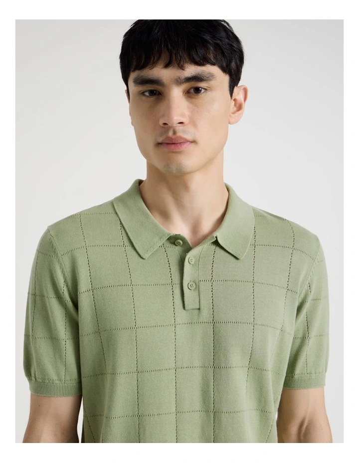 Windowpane Knit Short Sleeve Polo in Sage image 3