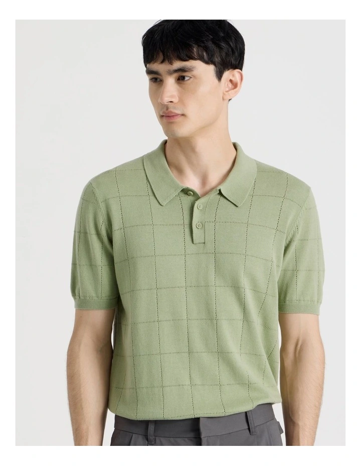 Windowpane Knit Short Sleeve Polo in Sage image 4