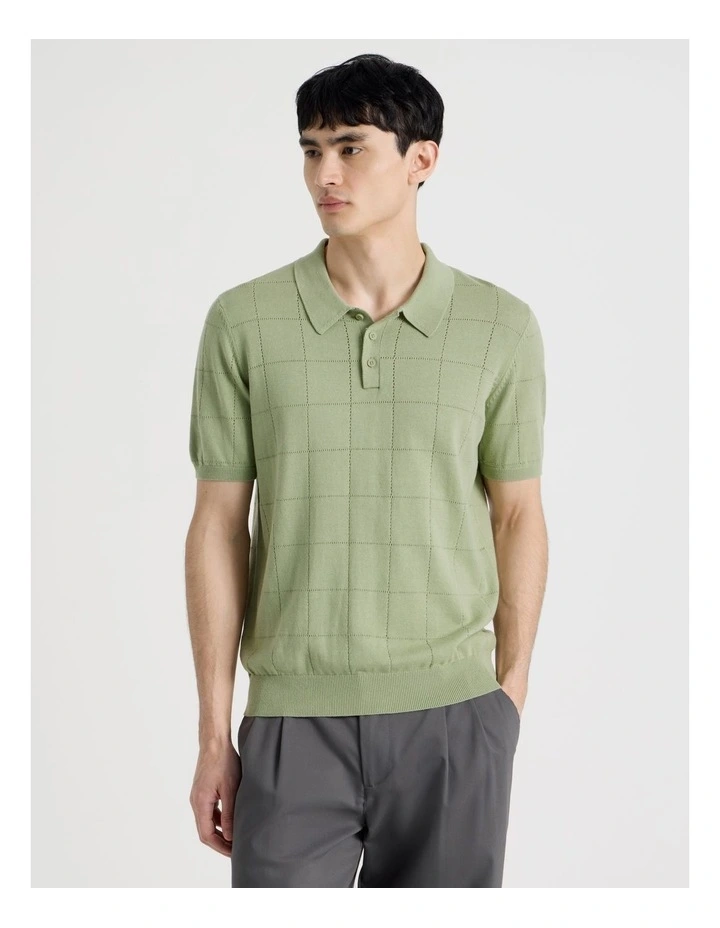 Windowpane Knit Short Sleeve Polo in Sage image 5