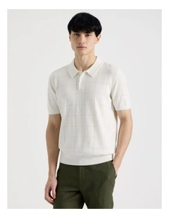 Windowpane Knit Short Sleeve Polo in White