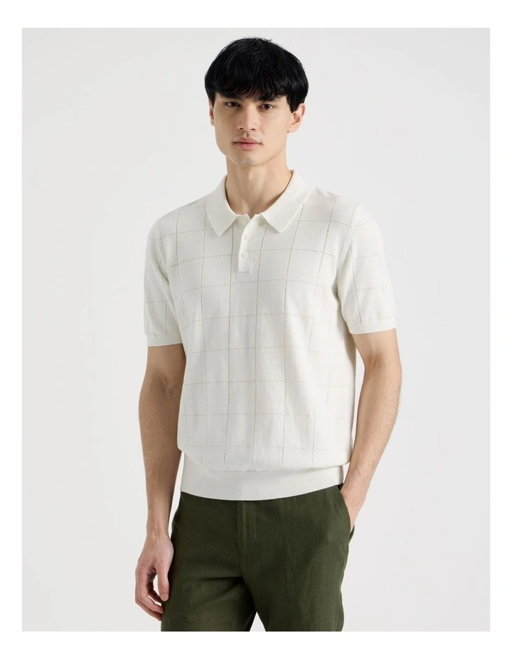 Windowpane Knit Short Sleeve Polo in White image 1