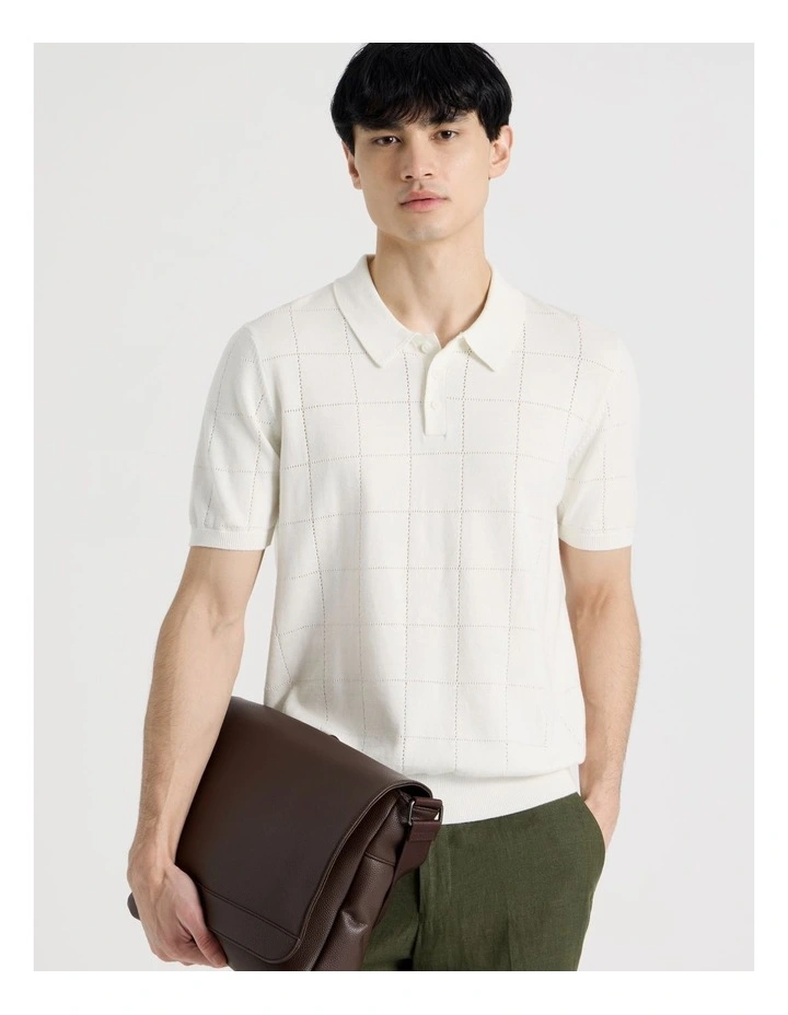 Windowpane Knit Short Sleeve Polo in White image 3
