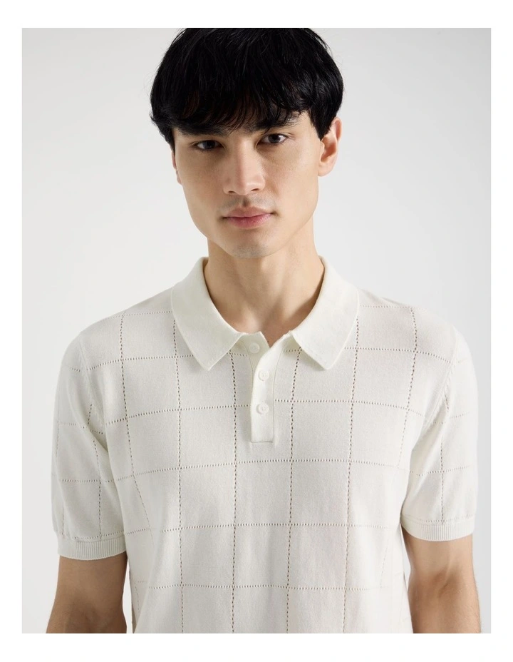 Windowpane Knit Short Sleeve Polo in White image 4