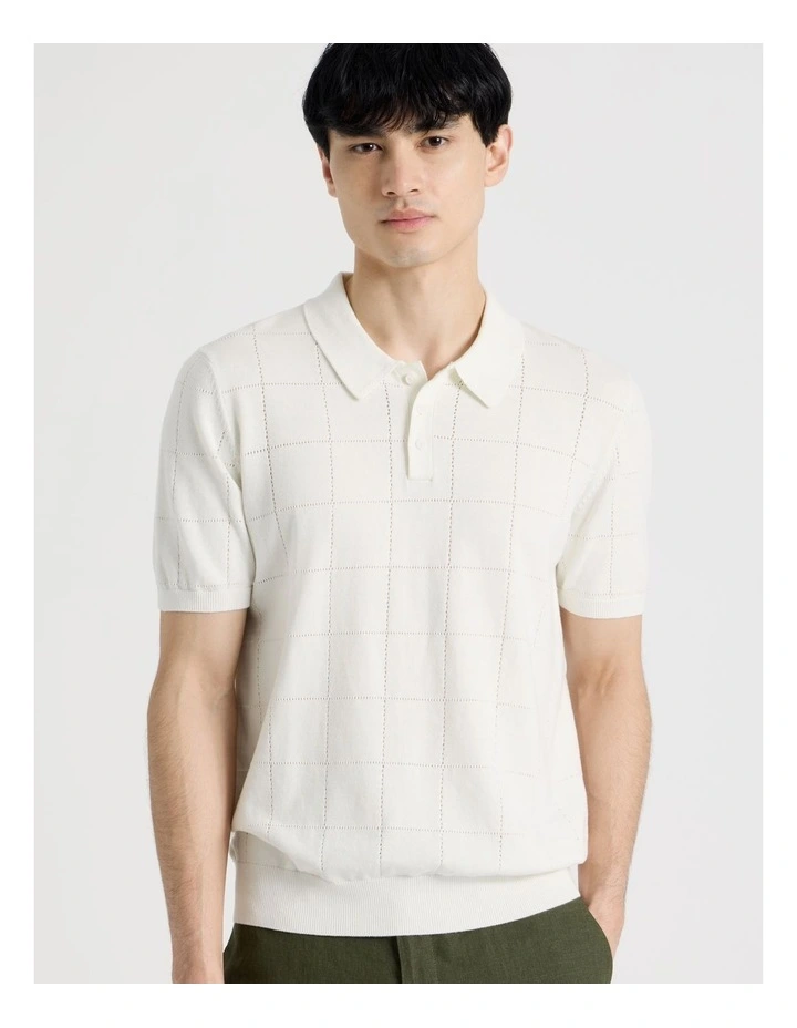 Windowpane Knit Short Sleeve Polo in White image 5