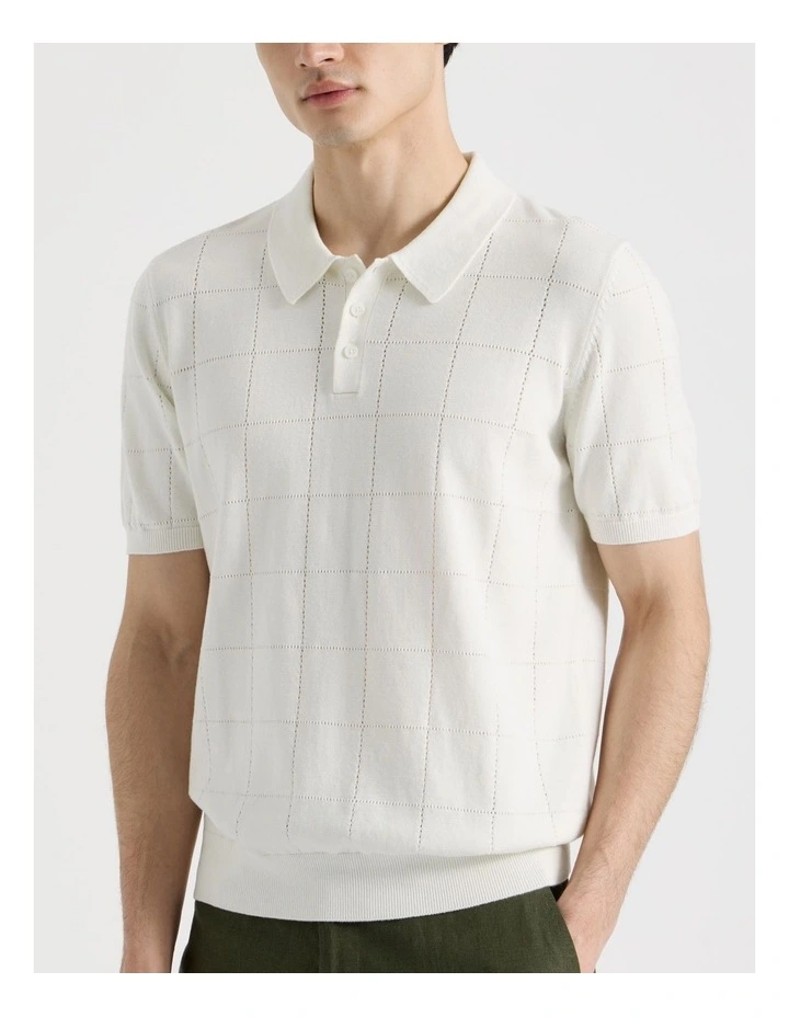 Windowpane Knit Short Sleeve Polo in White image 7