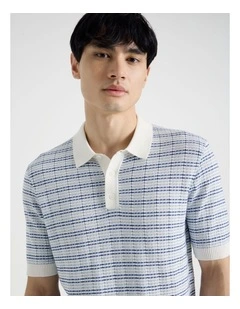 Grid Knit Short Sleeve Polo in Blue