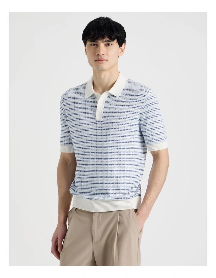 Grid Knit Short Sleeve Polo in Blue image 2