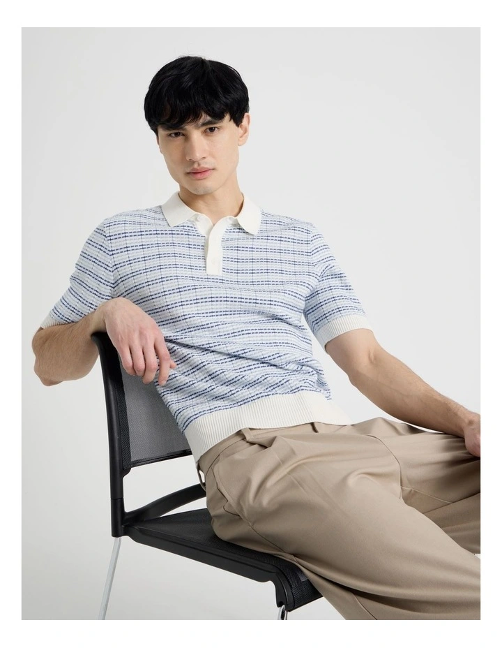 Grid Knit Short Sleeve Polo in Blue image 3