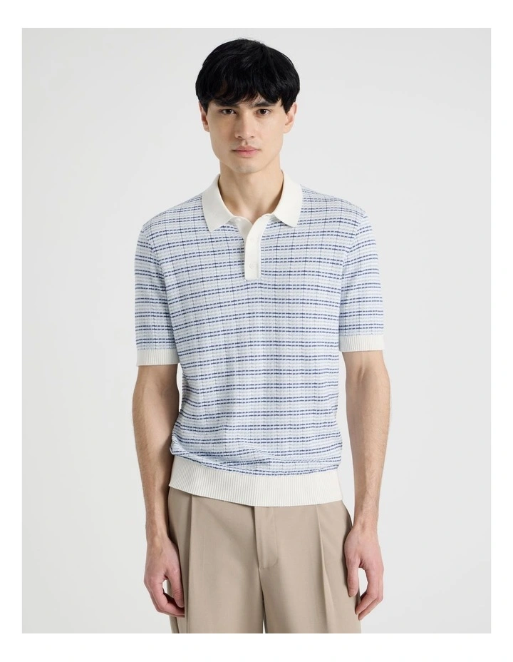 Grid Knit Short Sleeve Polo in Blue image 5