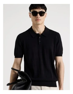 Windowpane Knit Short Sleeve Polo in Black