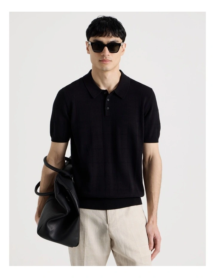 Windowpane Knit Short Sleeve Polo in Black image 3