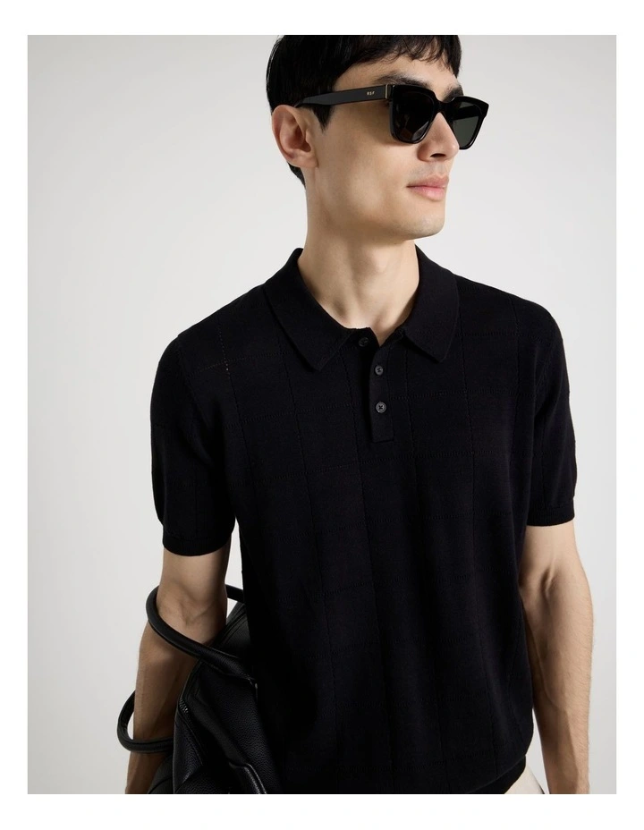 Windowpane Knit Short Sleeve Polo in Black image 4