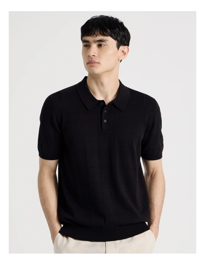 Windowpane Knit Short Sleeve Polo in Black image 5